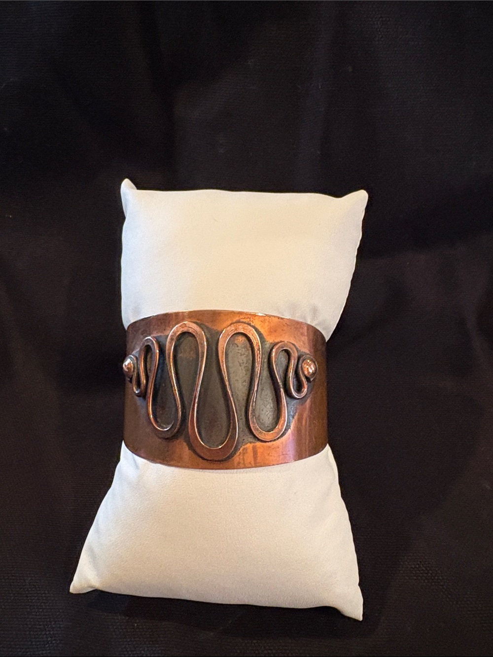Vintage Copper Statement Cuff Bracelet with Abstract Wave Design, I wear 7 1/2”